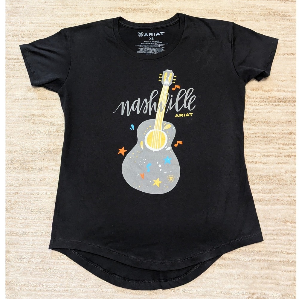 Ariat Nashville Guitar Graphic Tee Shirt Womens XS Black Short Sleeve Curved Hem